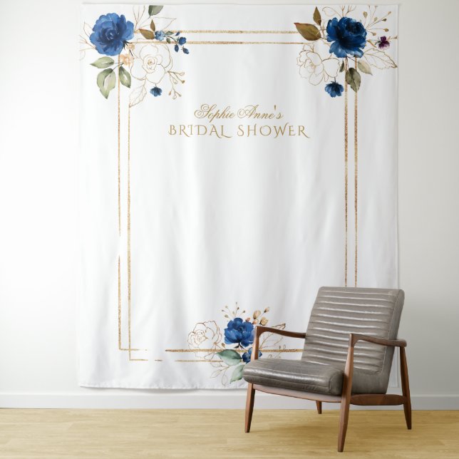 Elegant Blue Floral Gold Bridal Shower Prop Tapestry (In Situ)