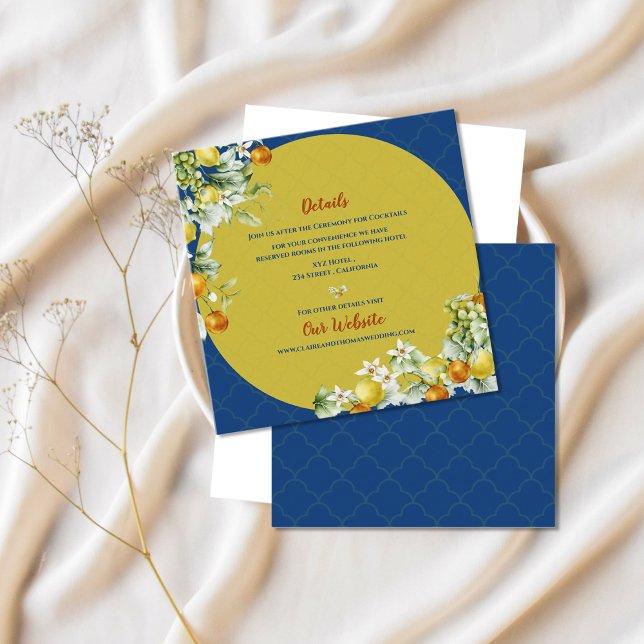 Elegant Blue Floral Gold Citrus Wedding Details Enclosure Card (Elegant Blue Floral Gold Citrus Wedding Details Enclosure Card)