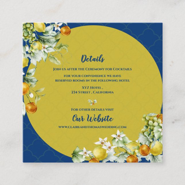 Elegant Blue Floral Gold Citrus Wedding Details Enclosure Card (Front)