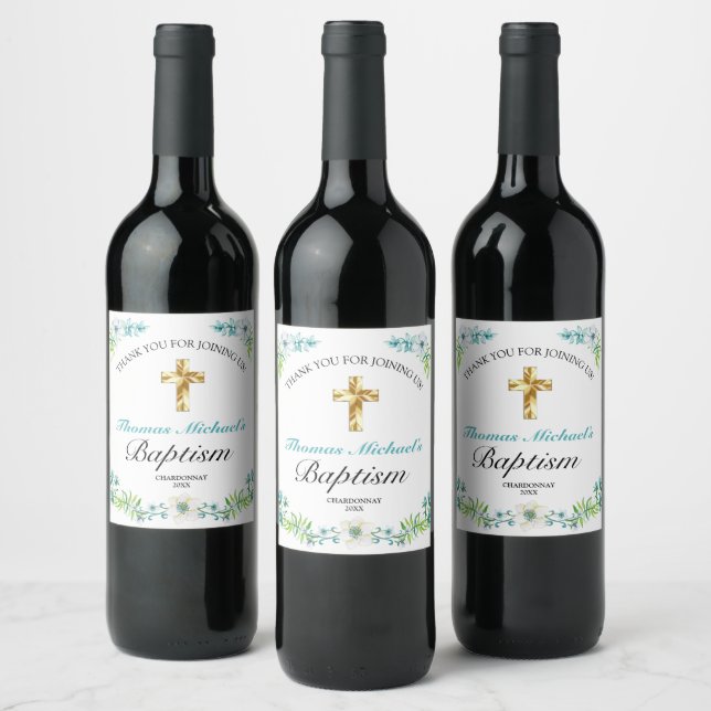 Elegant Blue Floral Gold Cross Baby Baptism  Wine Label (Bottles)