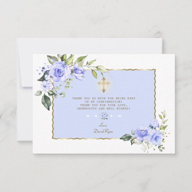 Elegant Blue Floral Gold Cross Boy Confirmation Thank You Card (Front)
