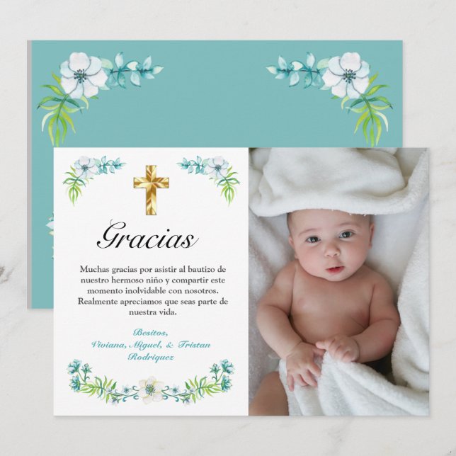 Elegant Blue Floral Gold Cross Spanish Baptism  Thank You Card (Front/Back)