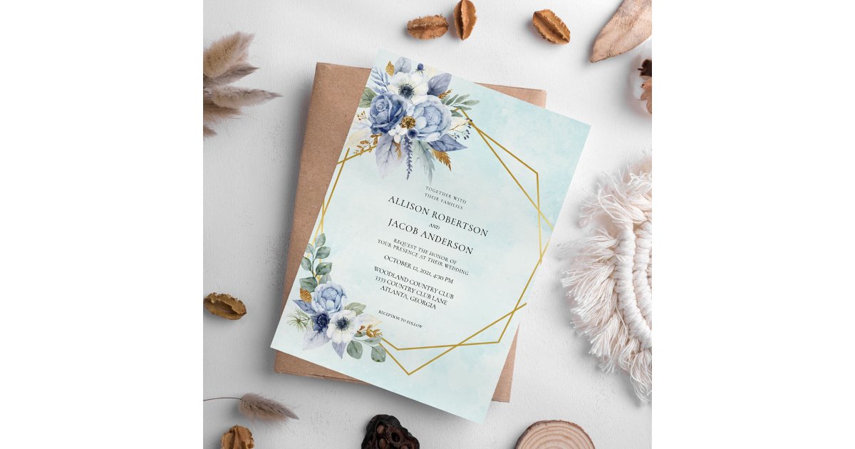 Elegant Blue Floral Gold Frame Wedding Invitation | Zazzle