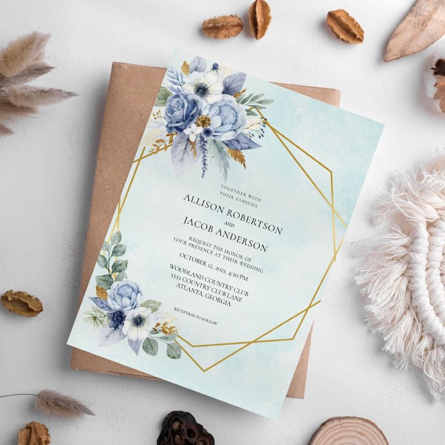 Elegant Blue Floral Gold Frame Wedding Invitation (Creator Uploaded)