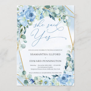 Elegant Blue Floral Gold Geometric She Said Yes Invitation