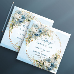 Elegant Blue Floral Gold Glitter Guest Book