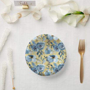 Elegant Blue Floral & Gold Gradient  Paper Plate