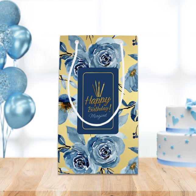 Elegant Blue Floral Gold Happy Birthday Name  Small Gift Bag (Creator Uploaded)
