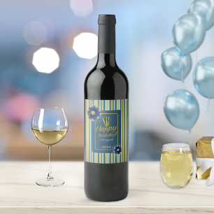 Elegant Blue Floral Gold Stripe Happy Birthday  Wine Label