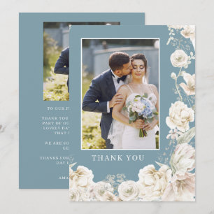 Elegant Blue Floral Gold Wedding Photo Thank You Card