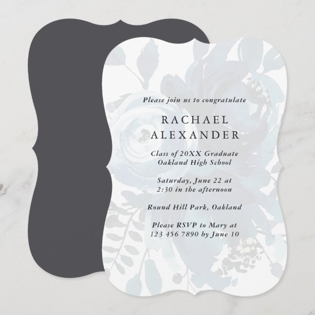 Elegant Blue Floral Graduation Party Invitation (Front/Back)