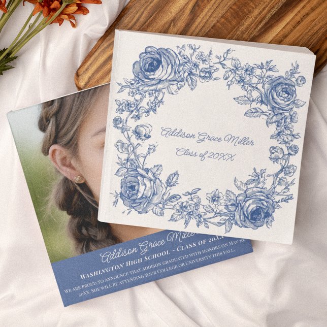 Elegant Blue Floral Graduation Photo Announcement  (Creator Uploaded)
