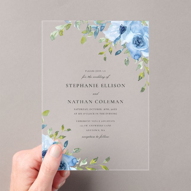 Elegant Blue Floral Greenery Wedding Acrylic Invitations (Insitu (Handheld))