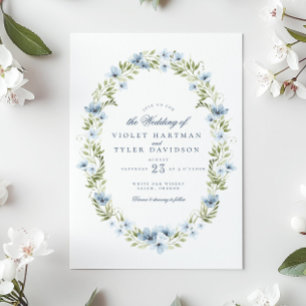 Elegant Blue Floral Greenery Wreath Wedding Invitation
