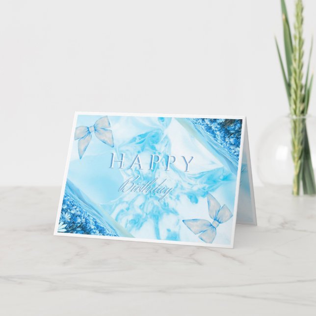 Elegant Blue Floral Happy Birthday Card (Front)