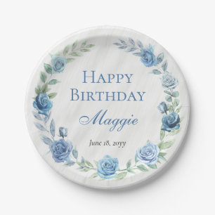 Elegant Blue Floral Happy Birthday Paper Plate