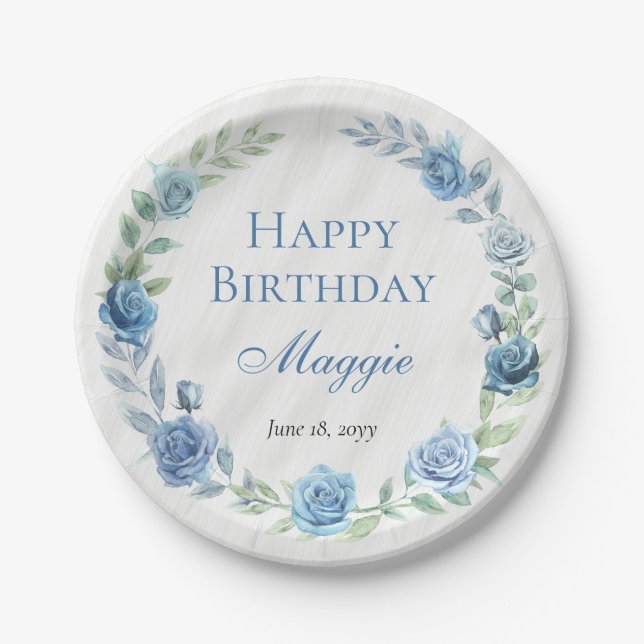 Elegant Blue Floral Happy Birthday Paper Plate (Front)