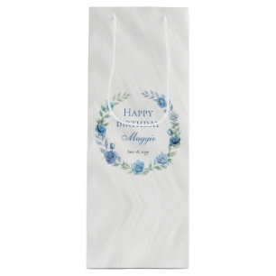 Elegant Blue Floral Happy Birthday Wine Gift Bag