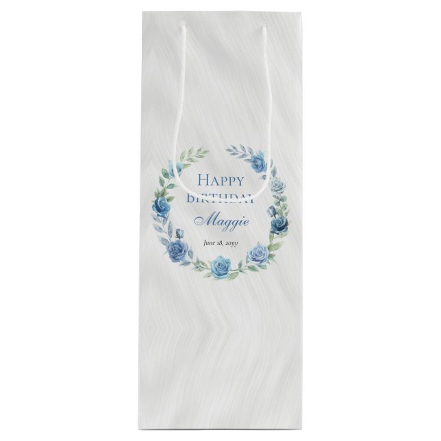 Elegant Blue Floral Happy Birthday Wine Gift Bag (Front)