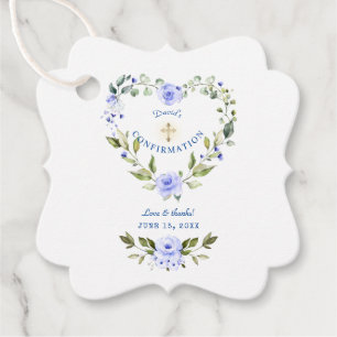 Elegant Blue Floral Heart Wreath Boy Confirmation Favour Tags