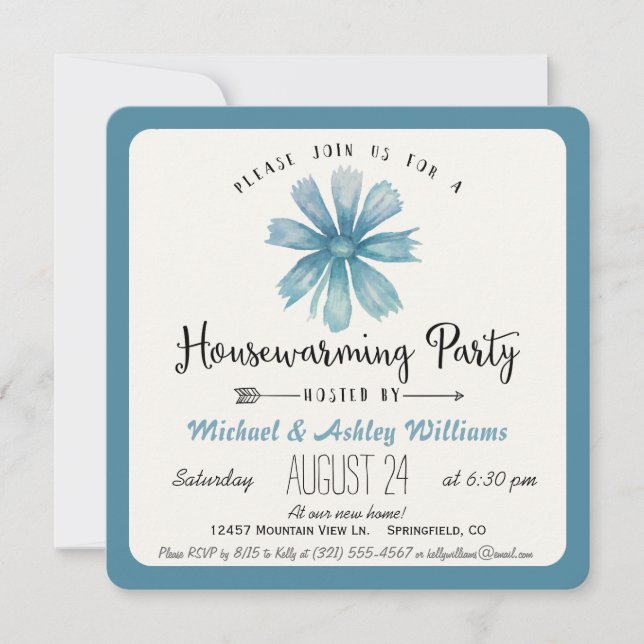 Elegant Blue Floral Housewarming Party Invitation (Front)