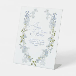 Elegant Blue Floral How Many Kisses Bridal Shower Pedestal Sign