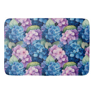 Elegant Blue Floral Hydrangea Blossom Bath Mat