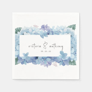 Elegant Blue Floral Hydrangeas Name Date Wedding Napkin