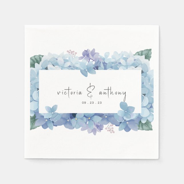 Elegant Blue Floral Hydrangeas Name Date Wedding Napkin (Front)