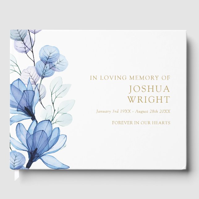 Elegant Blue Floral In Loving Memory Funeral Guest Book (Front)