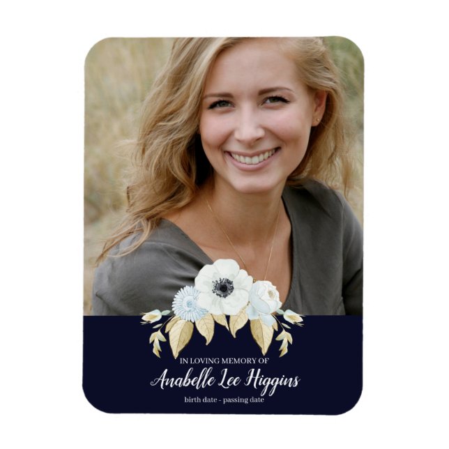 Elegant Blue Floral In Loving Memory Funeral Magnet (Vertical)