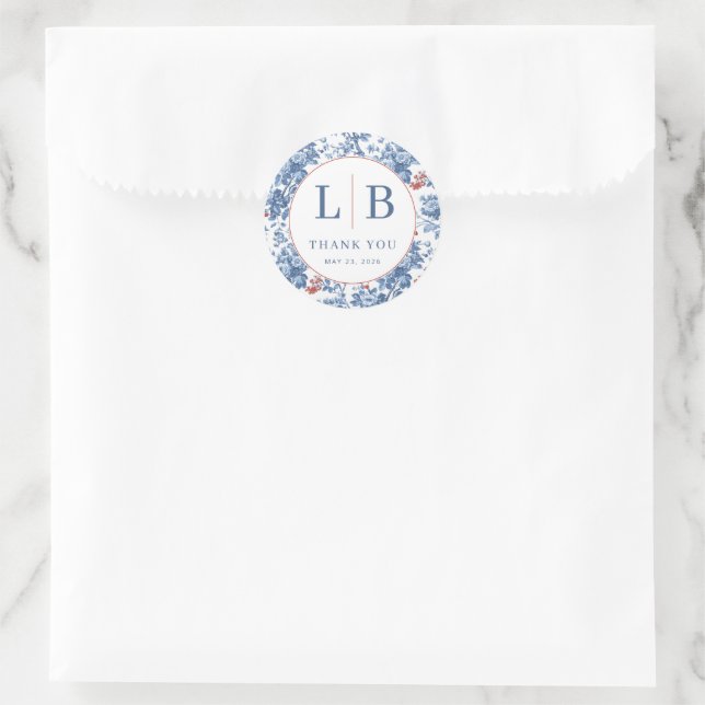 Elegant Blue Floral Initials Classic Round Sticker (Bag)