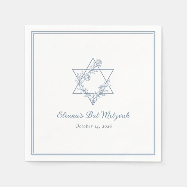 Elegant Blue Floral Jewish Star Chic Bat Mitzvah Napkin (Front)