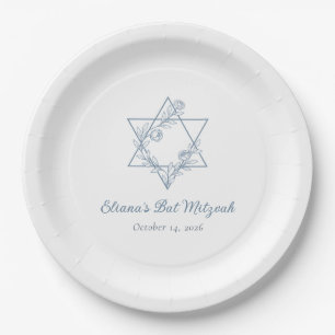 Elegant Blue Floral Jewish Star Chic Bat Mitzvah Paper Plate