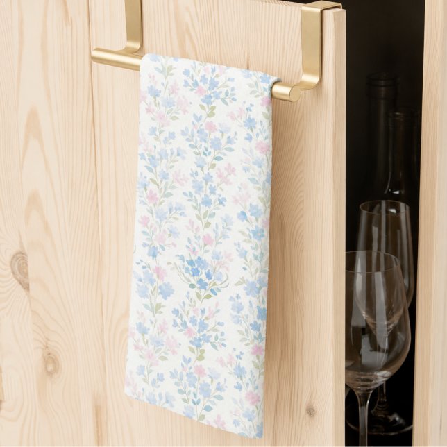 Elegant Blue Floral Kitchen Towels (elegant girly grandmillennial pale blue pink floral kitchen towel)