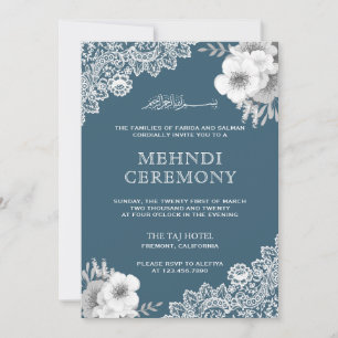 Elegant Blue Floral Lace Islamic Muslim Mehndi Invitation