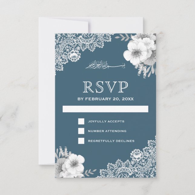 Elegant Blue Floral Lace Islamic Muslim RSVP Card (Front)