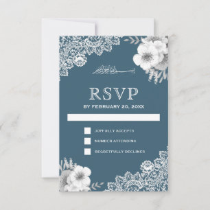 Elegant Blue Floral Lace Islamic Muslim RSVP Card