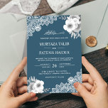 Elegant Blue Floral Lace Islamic Muslim Wedding Invitation<br><div class="desc">Invite your guests with this elegant wedding invitation featuring beautiful flowers and lace with 'Bismillah' in Arabic calligraphy and modern typography. Simply add your event details on this easy-to-use template to make it a one-of-a-kind invitation.</div>