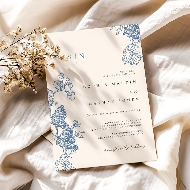 Elegant Blue Floral Lace Ivory Wedding Invitation (Creator Uploaded)