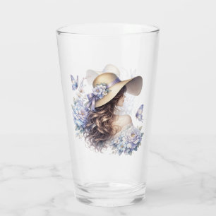 Elegant Blue Floral Lady Glass Cup