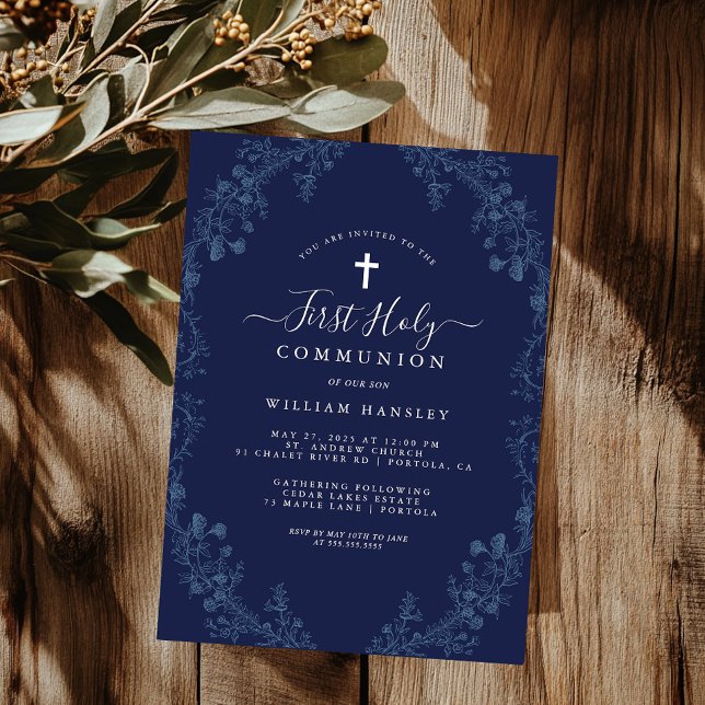 Elegant Blue Floral Leaf Boys First Communion  Invitation (Creator Uploaded)