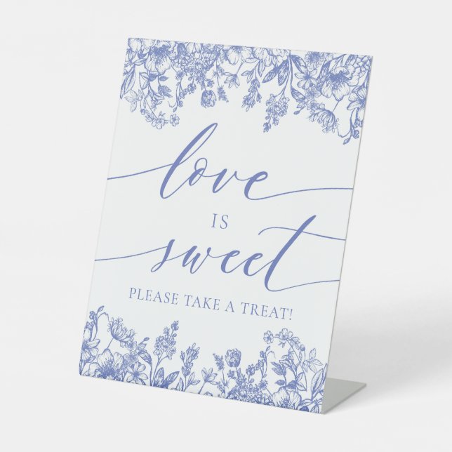 Elegant Blue Floral Love is Sweet Treat Favour Sig Pedestal Sign (Front)