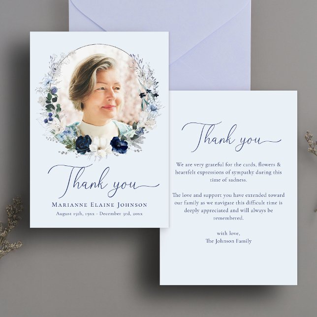 Elegant Blue Floral Memorial Celebration of Life Thank You Card (Creator Uploaded)