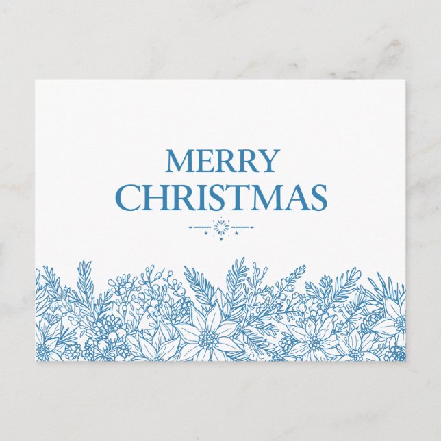 Elegant Blue Floral Merry Christmas Chinoiserie Postcard (Front)