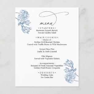 Elegant Blue Floral Modern Script Wedding Menu 