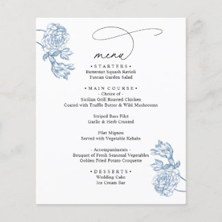 Elegant Blue Floral Modern Script Wedding Menu 