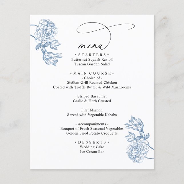 Elegant Blue Floral Modern Script Wedding Menu  (Front)