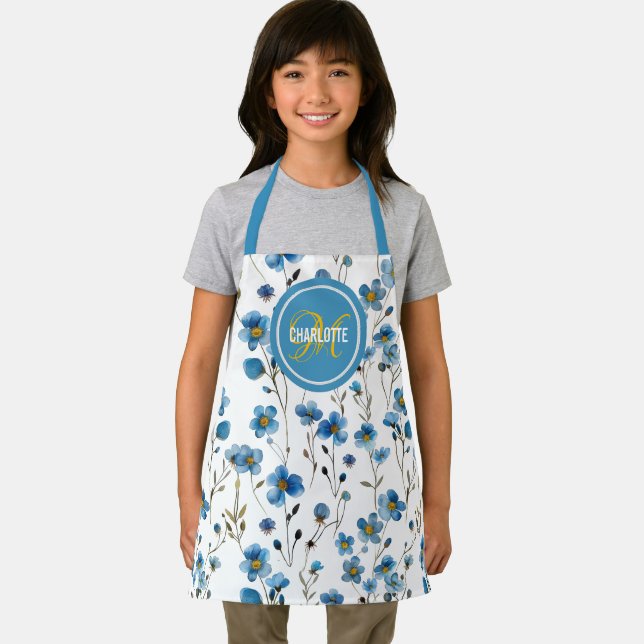 Elegant blue floral monogram girl's name apron (Insitu)