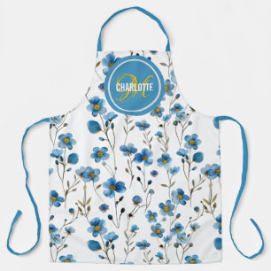 Elegant blue floral monogram name apron